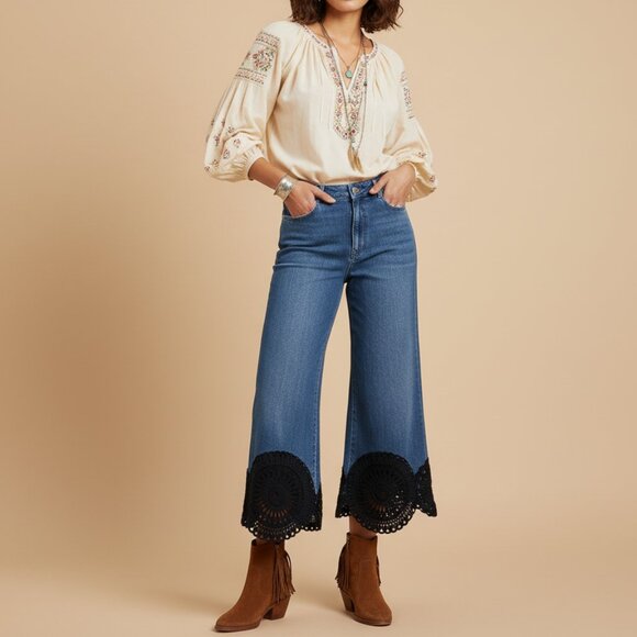 Stella McCartney Lace Hem Cropped Wide Leg Jeans Medium Wash Size 28 - Picture 1 of 14